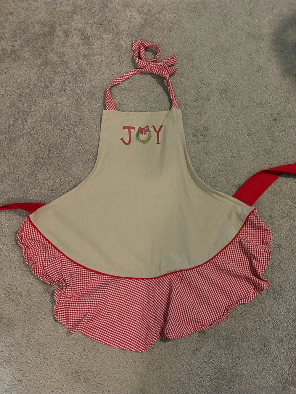Holiday 'Joy' Ruffled Kitchen Apron in Red and Cream